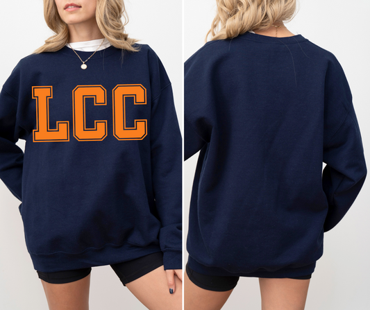 Orange and navy LCC Chargers sweatshirt